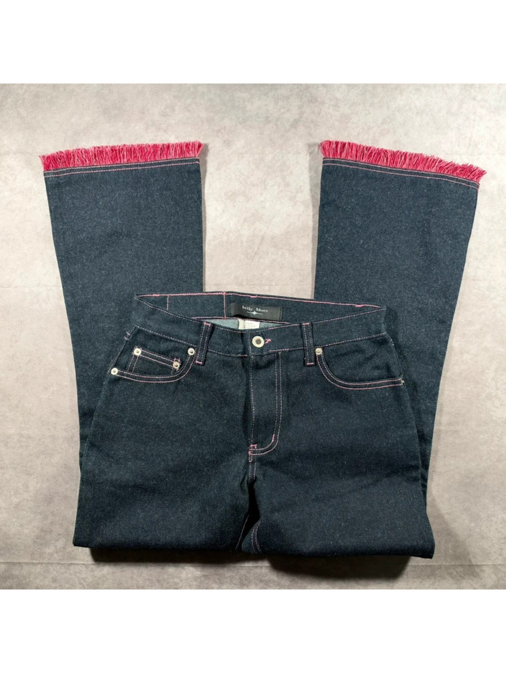Vintage Y2K Billy Blues Womens Pink Stitch Fringe Flare Jeans Made in USA 1/2
